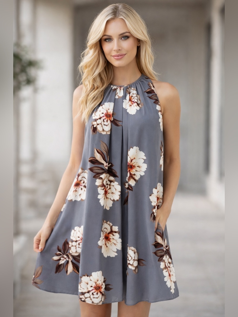 Umgee Gray Floral Halter Mini Dress Sz L